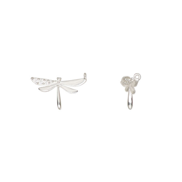 Charm 1pkg1, sterling silver and cubic zirconia, clear, 13x8mm single-sided dragonfly with (4) 0.5-1.5mm faceted stones and perpendicular loop. image number 0