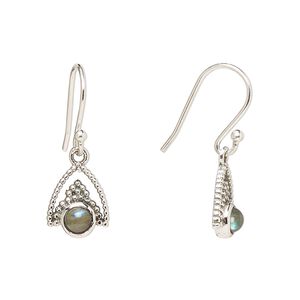 Earring, Create Compliments®, antiqued sterling silver and labradorite (natural), fishhook, 24.5mm with 11x9mm single-sided beaded arrowhead, 21 gauge. Sold per pair.