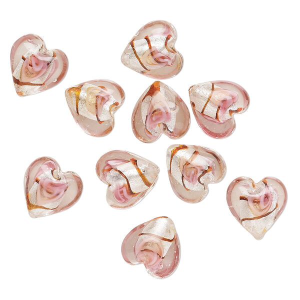 Bead, lampworked glass, multicolored with silver-colored foil, 12x12mm puffed heart with line design. Sold per pkg of 10. image number 0