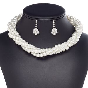 Necklace and earring set, 5-strand, glass rhinestone / glass pearl / imitation rhodium-plated brass / steel, white and clear, cupchain and twisted, 15" to 16" strand necklace with 3-inch extender chain and lobster claw clasp, 30mm earrings with post. Sold per set.