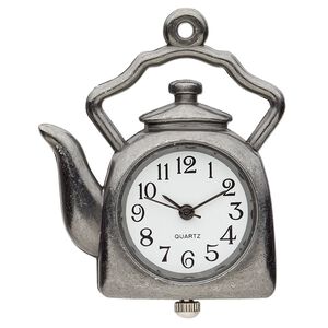 Watch face, stainless steel and gunmetal-plated "pewter" (zinc-based alloy), white and black, 34mm single-sided tea kettle. Sold individually.