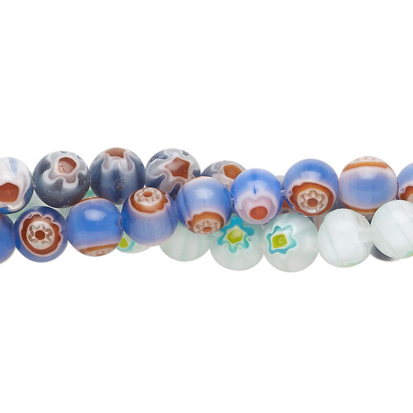 Bead, millefiori glass, translucent blue and multicolored, 6mm round. Sold per pkg of (3) 14-inch strands, approximately 210 beads. image number 0