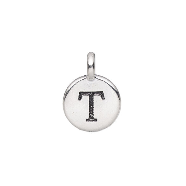 Drop, TierraCast®, antique silver-plated pewter (tin-based alloy), 11.5mm single-sided round with textured alphabet letter "T." Sold per pkg of 2. image number 0
