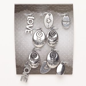 Charm assortment "pewter" zinc-based alloy 10pk 12x8.5mm-17.5x8mm single-sided double-sided mixed shapes, antique silver finish