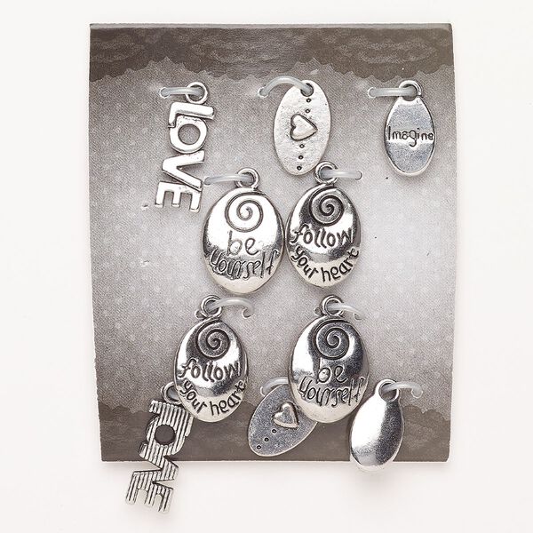 Charm assortment "pewter" zinc-based alloy 10pk 12x8.5mm-17.5x8mm single-sided double-sided mixed shapes, antique silver finish image number 0