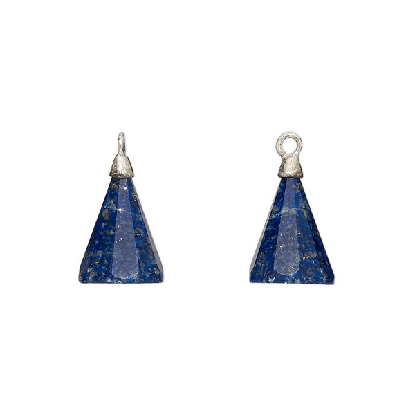 Drop, silver-plated lapis lazuli (natural) and electroplated sterling silver, 14x9mm-15x10mm hand-cut 3D faceted cone, Mohs hardness 5 to 6. Sold individually. image number 0