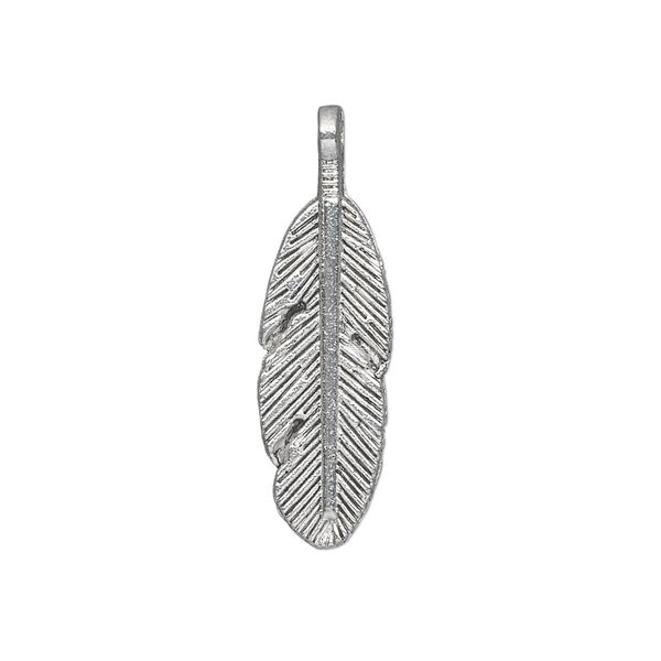 Charm, antique silver-plated "pewter" (zinc-based alloy), 26x9mm double-sided feather. Sold per pkg of 50. image number 0