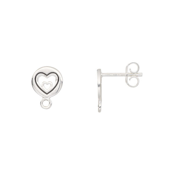 Earstud, enamel and sterling silver, black, 8mm round with cutout heart and loop. Sold per pair. image number 0