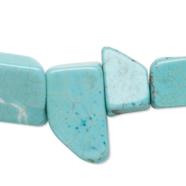 Bead, magnesite (dyed / stabilized), blue-green, medium flat nugget, Mohs hardness 3-1/2 to 4. Sold per 15-inch strand. image number 0