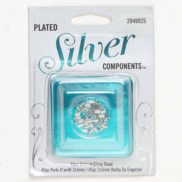 Crimp, copper, pkg/45, silver plate, 3x2mm tube. image number 0