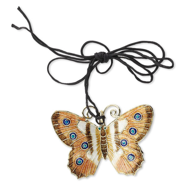 Focal, cloisonné and copper, brown / blue / white, 46x35mm butterfly on adjustable black cord. Sold individually. image number 0