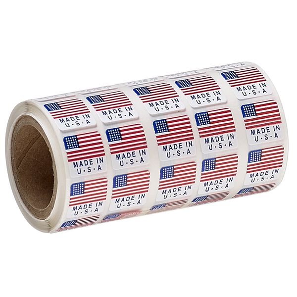 Adhesive label, paper, white / red / blue, 1/2 inch square with USA flag and "MADE IN USA." Sold per pkg of 1,000. image number 0
