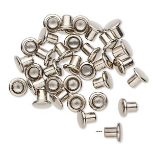 Rivet, nickel-plated brass, 5.5x5mm with 3mm shank and 2.5mm inside diameter, fits 3.5-5mm hole. Sold per pkg of 50.