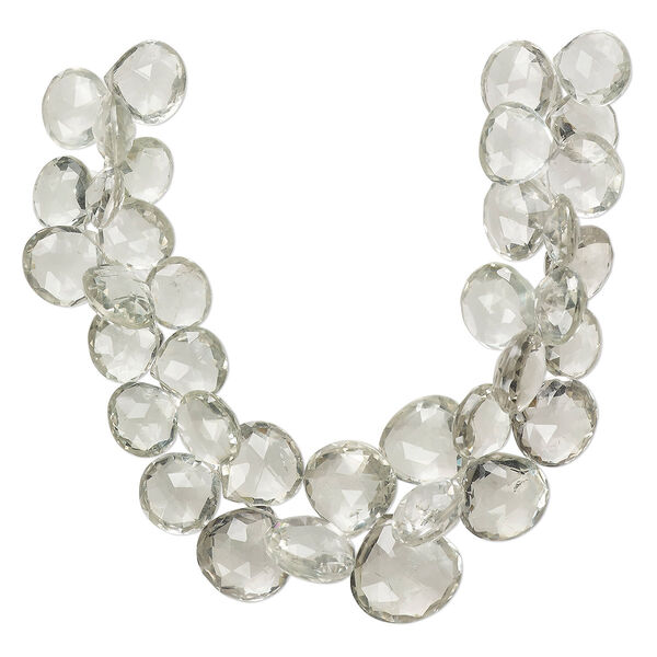 Bead, green quartz (heated), light, 11x10mm-18mm graduated hand-cut top-drilled faceted puffed teardrop, B+ grade, Mohs hardness 7. Sold per 7-inch strand, approximately 35 beads. image number 0