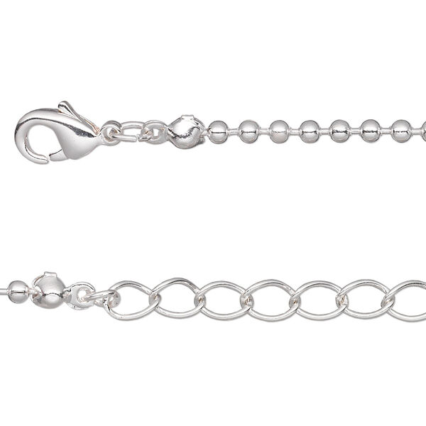 Chain, silver-plated brass, 2mm ball, 7-1/2 inches with 1-1/4 inch extender chain and lobster claw clasp. Sold per pkg of 6. image number 0