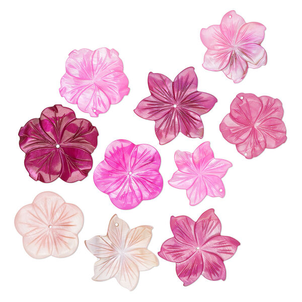 Focal and component mix, mother-of-pearl (dyed), multi-pink, 24-35mm hand-carved flower, Mohs hardness 3-1/2. Sold per pkg of 10. image number 0