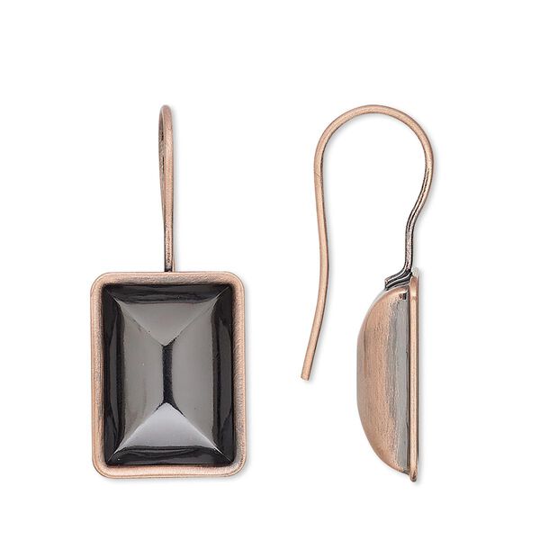 Ear wire, Almost Instant Jewelry®, antique copper-plated brass, 30x13mm fishhook with 14x10mm step-cut rectangle setting, 20 gauge. Sold per pkg of 2 pairs. image number 0