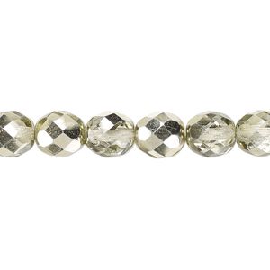 Bead, Czech fire-polished glass, clear with half-coat metallic mint, 8mm faceted round. Sold per 16-inch strand.