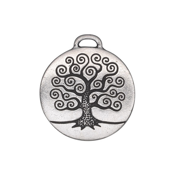 Drop, TierraCast®, antique silver-plated pewter (tin-based alloy), 23.5mm double-sided flat round with tree of life design. Sold per pkg of 10. image number 0