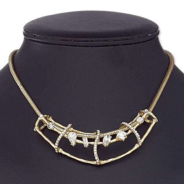 Necklace, glass rhinestone / gold-coated plastic / gold-finished brass / steel / "pewter" (zinc-based alloy), clear AB and clear, 3-1/4 x 2-inch open tube, 16 inches with 2-1/2 inch extender chain and lobster claw clasp. Sold individually. image number 0