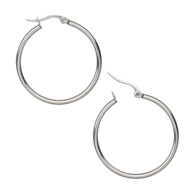 Earring, stainless steel, 34mm round hoop, 2mm wide with latch-back closure. Sold per pair. image number 0