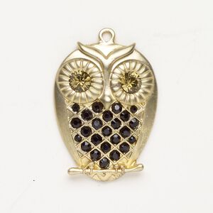 Brass / acrylic 1pkg1, owl focal matte gold-finished / black / yellow-green 39x29mm