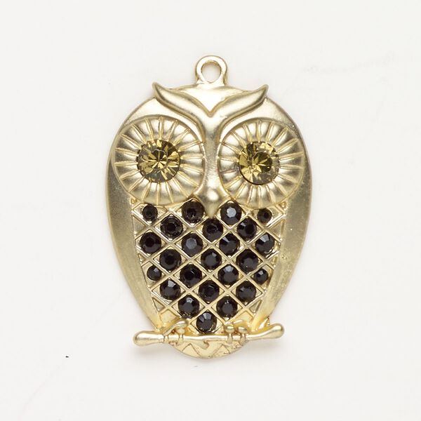 Brass / acrylic 1pkg1, owl focal matte gold-finished / black / yellow-green 39x29mm image number 0