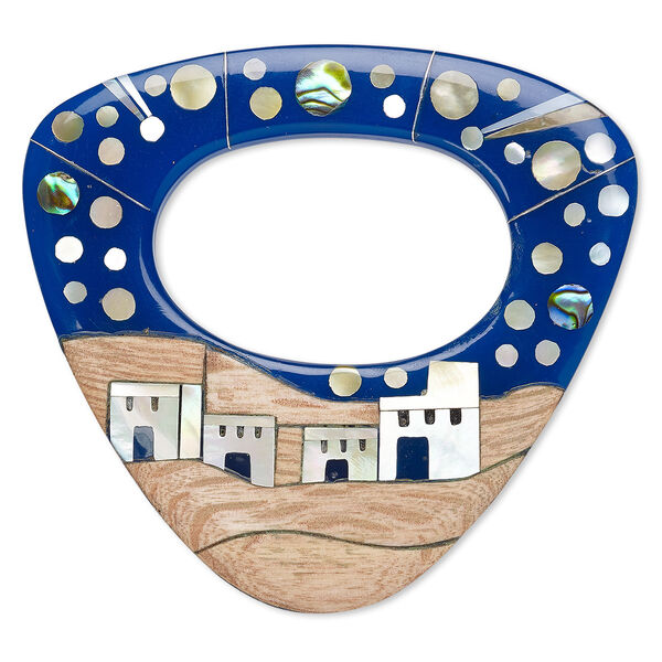 Focal, wood / mother-of-pearl shell / paua shell / resin (natural / assembled), dark blue, 58x56x55mm single-sided triangle go-go with buildings and planets. Sold individually. image number 0