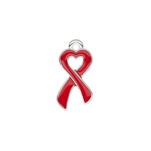 Charm, enamel and silver-finished "pewter" (zinc-based alloy), red, 18x10.5mm single-sided awareness ribbon heart. Sold per pkg of 2.