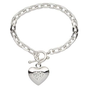Bracelet, glass rhinestone with imitation rhodium-plated steel and "pewter" (zinc-based alloy), clear, 23x20mm puffed heart, 6-1/2 inches with toggle clasp. Sold individually.
