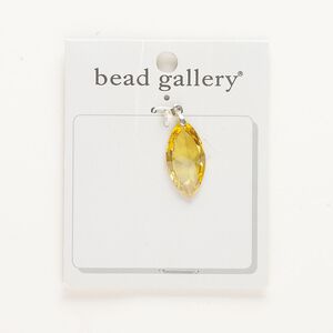 Pendant, silver-finished brass and cubic zirconia, yellow, 28x14mm marquise. Sold individually.