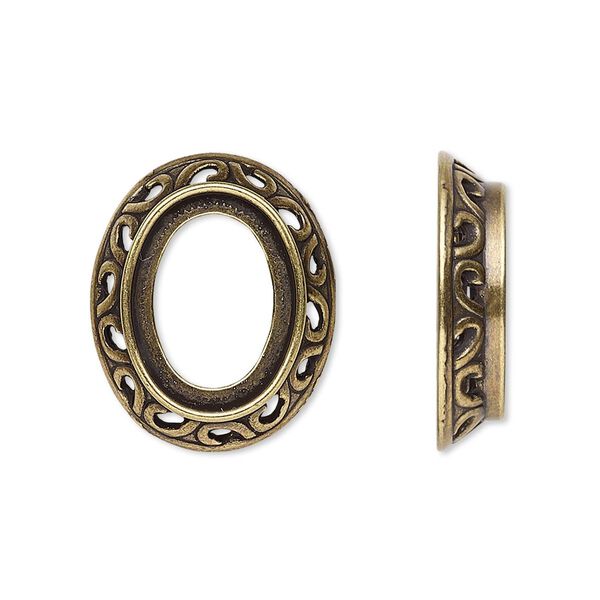 Component, antique gold-plated brass, 22x18.5mm oval with swirl design and 16x12mm oval setting. Sold per pkg of 4. image number 0