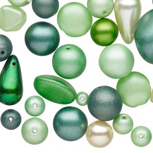 Bead mix, Preciosa, Czech glass pearl, ivory and multi-green, 3mm-16x12mm mixed shape. Sold per 1/4 pound pkg, approximately 180-290 beads.