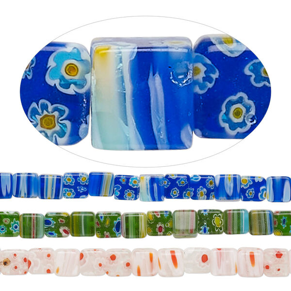 Bead mix, millefiori glass, translucent multicolored, 8mm cube with flower design. Sold per pkg of (3) 14-inch strands. image number 0