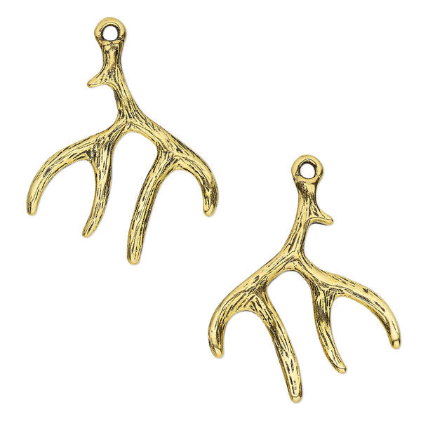 Focal, antique gold-finished "pewter" (zinc-based alloy), 33x27.5mm 3D antler. Sold per pkg of 4. image number 0