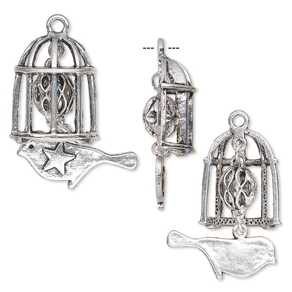 Focal, antique silver-plated "pewter" (zinc-based alloy), 41x28mm single-sided birdcage with cutout round and bird with star. Sold individually. image number 0