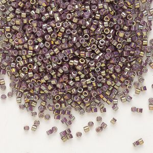 Seed bead, Delica®, glass, pkg/7.5g, #11 round, opaque metallic gold iris dusty mauve (DB-1011).