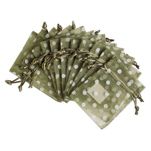 Pouch, flocked organza, moss green and white, 4x3 inches with dots pattern and drawstring closure. Sold per pkg of 12.