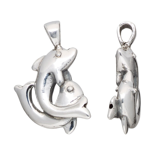 Pendant, antiqued fine silver and sterling silver, electroformed, 32x21mm double-sided dolphins. Sold individually. image number 0