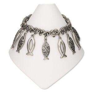 Bracelet, stretch, antique silver-finished "pewter" (zinc-based alloy), 20x9mm open fish and filigree fish, 6-1/2 inches. Sold individually.