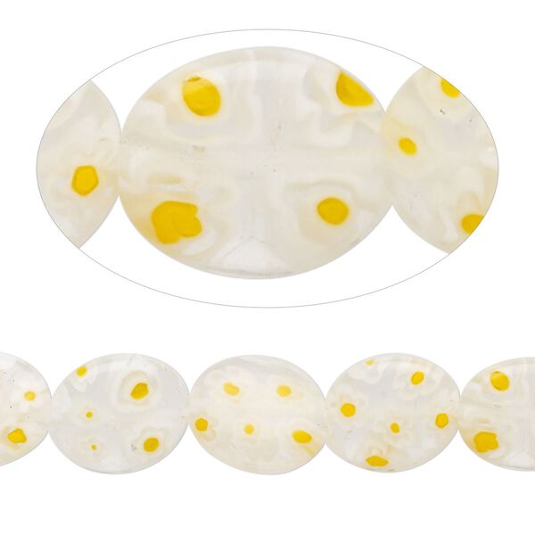 Bead, millefiori glass, transparent white / golden orange / clear, 12x10mm puffed oval with flower design. Sold per 14-inch strand. image number 0