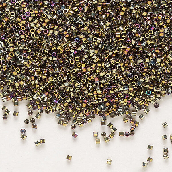 Seed bead, Delica®, glass, pkg/7.5g, #15 round, opaque nickel-plated golden olive iris (DBS-0029). image number 0