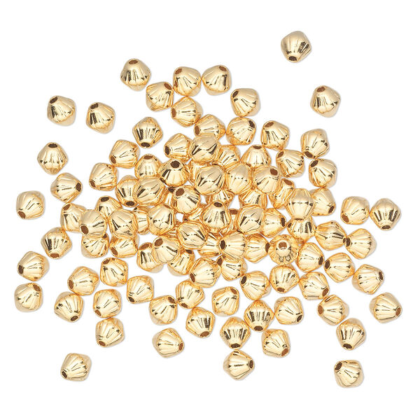 Bead, gold-plated brass, 4mm corrugated double cone. Sold per pkg of 100. image number 0