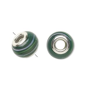 Bead, Dione®, lampworked glass with silver-plated steel grommets, dark green and multicolored, 14x10mm rondelle with stripes, 4.5-5mm hole. Sold per pkg of 6.