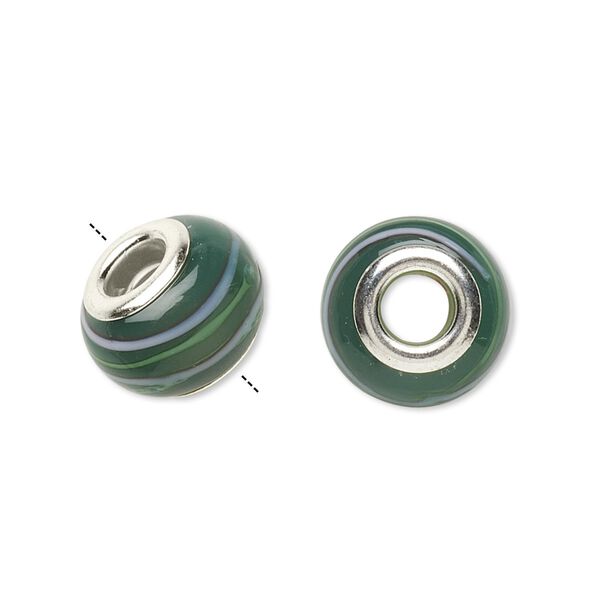 Bead, Dione®, lampworked glass with silver-plated steel grommets, dark green and multicolored, 14x10mm rondelle with stripes, 4.5-5mm hole. Sold per pkg of 6. image number 0