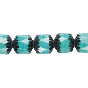Bead, Czech glass, opaque turquoise blue and black, 10mm round cathedral. Sold per 15-1/2" to 16" strand.