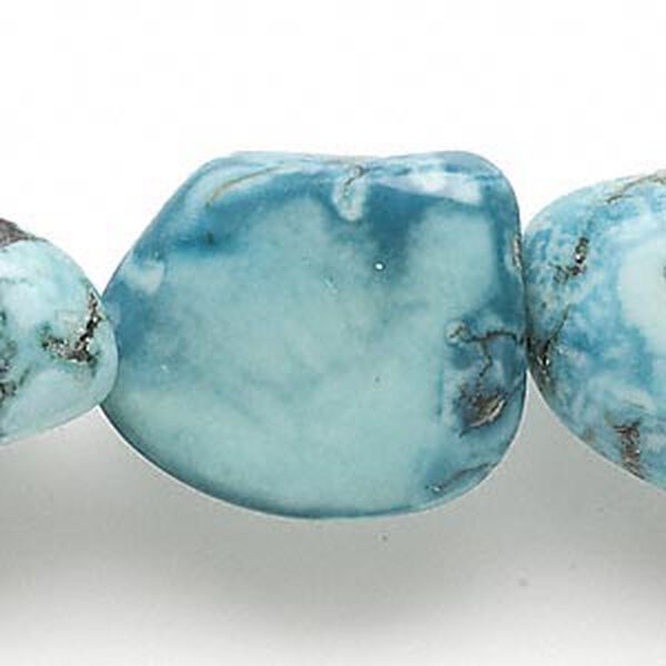 Bead, magnesite (dyed / stabilized), blue-green, large to extra-large flat nugget, Mohs hardness 3-1/2 to 4. Sold per 5-1/2" to 16" strand. image number 0