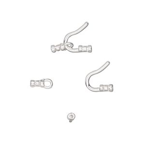Clasp hook&eye 1pkg10 silver-plated, 13x9mm / crimp end / fits up to 1mm cord, brass 1-strand