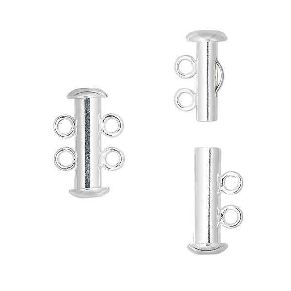 Clasp, 2-strand slide lock, silver-plated brass, 16x6mm tube. Sold per pkg of 4. image number 0