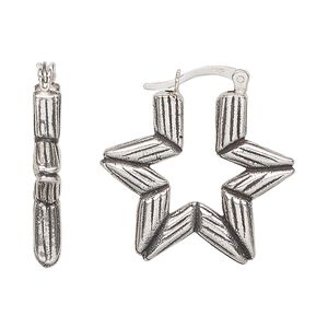Earring, antiqued sterling silver, electroformed, 26.5mm star hoop with latch-back closure. Sold per pair.